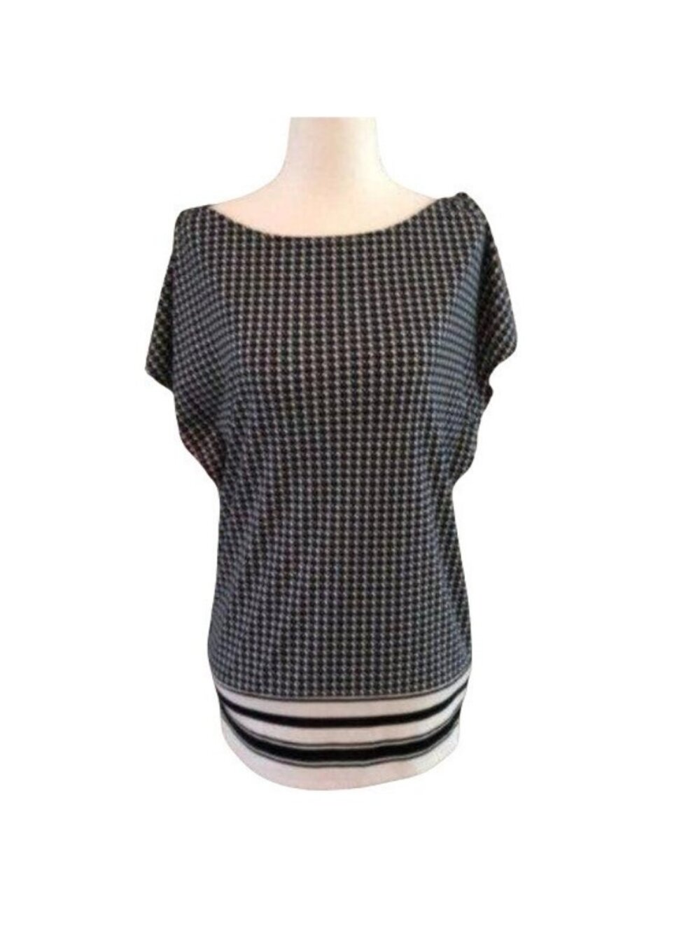 Ann Taylor Women's Black & White Geo Design Boatneck Top Split Sleeves Size S